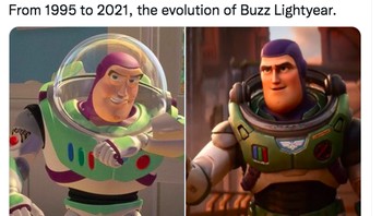 Penampilan Buzz Lighyear dulu di film lama dan yang akan datang terlihat berevolusi. Foto: Twitter