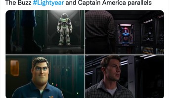 Netizen pun menilai memang ada kemiripan di trailer antara Buzz Lightyear dengan Kapten Amerika yang diperankan Chris Evans. Misalnya ini saat melihat kedua karakter kostum masing-masing. Foto: Twitter