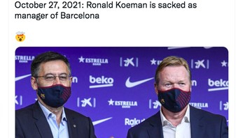 Kebetulan, pada 27 Oktober 2020 Bartomeu resign dari posisi Presiden Barcelona. Kini 27 Oktober 2021, Koeman diberhentikan sebagai pelatih Barcelona. Foto: Twitter