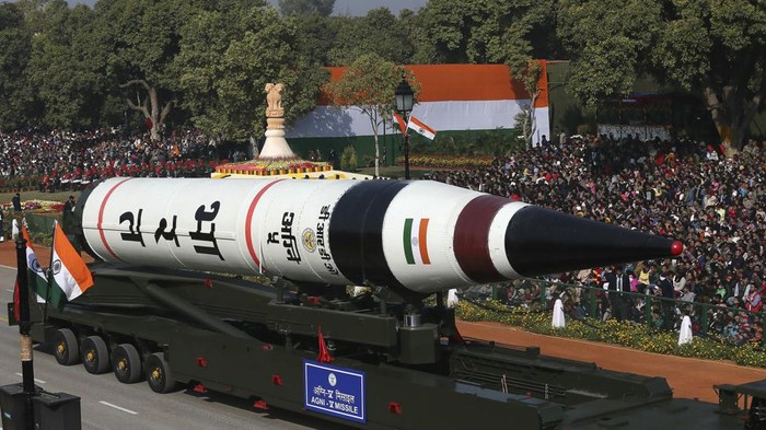 FILE - In this Saturday, Jan. 26, 2013, file photo, the long range ballistic Agni-V missile is displayed during Republic Day parade, in New Delhi, India. India has successfully test-fired a nuclear-capable intercontinental ballistic missile with a strike range of 5,000 kilometers (3,125 miles) from an island off Indias east coast on Wednesday, Oct. 27, 2021, amid rising border tensions with China. Beijings powerful missile arsenal has driven New Delhi to improve its weapons systems in recent years, with the Agni-5 believed to be able to strike nearly all of China. (AP Photo/Manish Swarup, File)