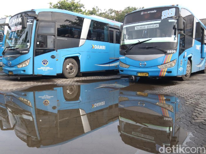 Sejumlah bus Damri terparkir karena berhenti beroperasi sementara