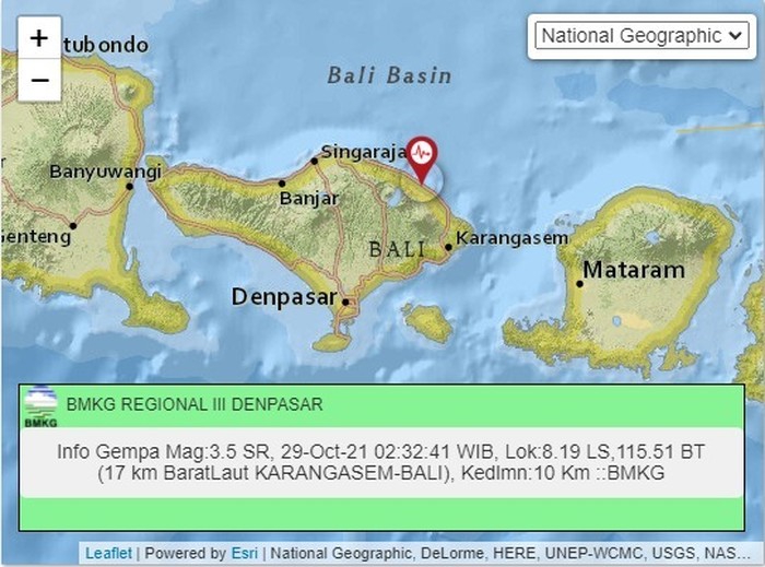 Gempa bumi magnitudo (M) 3,5 terjadi di Kabupaten Karangasem, Bali. Gempa tidak berpotensi menimbulkan tsunami. (Dok. BBMKG Wilayah III Denpasar)
