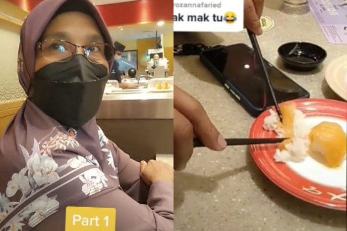 Seorang Ibu di Malaysia diajak oleh sang anak makan sushi di restoran untuk pertama kalinya. Reaksi sang ibu mengundang tawa.
