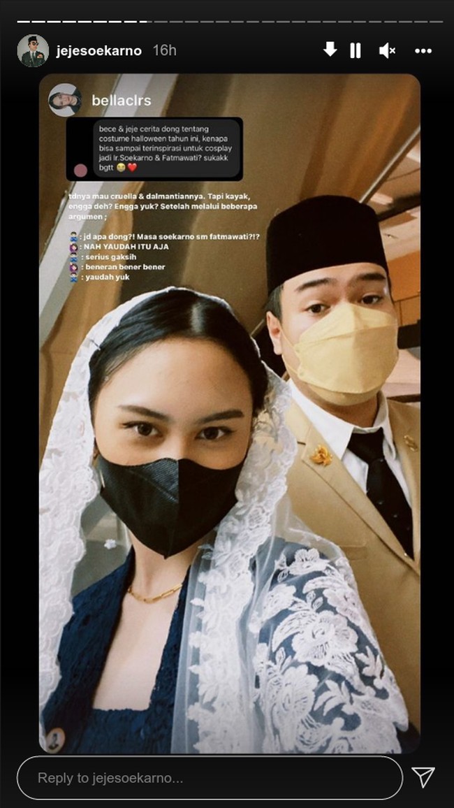 Bella pun mengungkap alasan mereka memilih berdandan jadi Soekarno dan Fatmawati. Hal itu berawal dari kebingungan mereka memilih kostum. Foto: Instagram @jejesoekarno