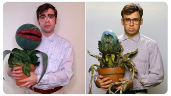 Hanya fans sejati yang bisa tebak, tapi memang cocok untuk kostum Halloween. Ini adalah karakter Seymour Krelborn dari film seram Little Shop of Horrors yang diperankan Rick Moranis. Foto: (Twitter)