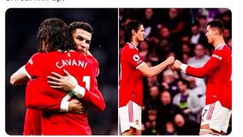 Duet Cavani dan Ronaldo benar-benar tampil hebat semalam. Foto: Twitter