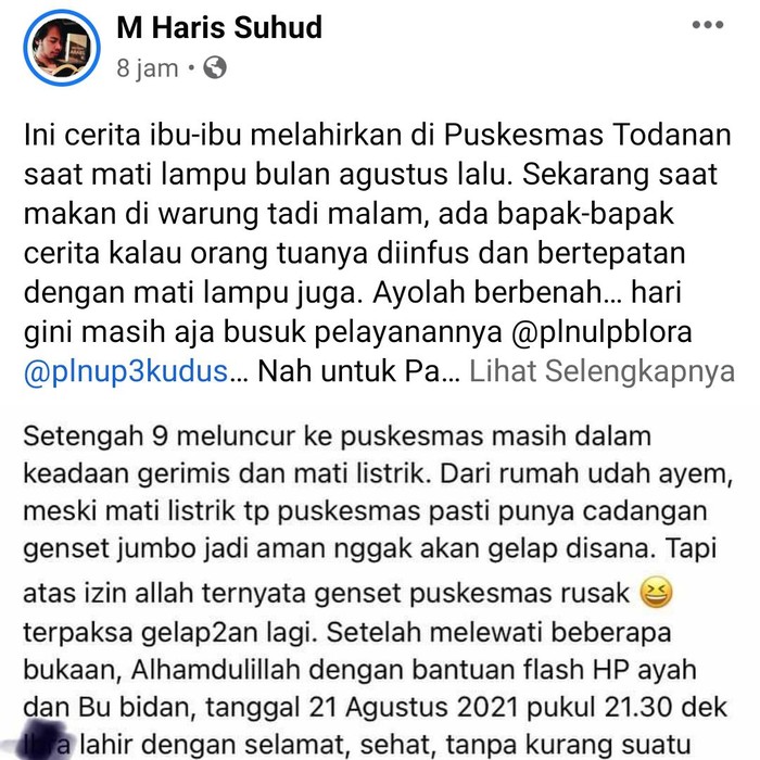 Cerita ibu melahirkan di Puskesmas pakai senter HP karena mati listrik, Blora, Senin (1/11/2021).