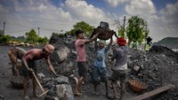 Buruh angkut menggotong batu bara ke truk di pertambangan Dhanbad, negara bagian Jharkand, (24/9). Energi ramah lingkungan yang sedang dibahas dalam konfrensi iklim bakal berdampak langsung kepada para buruh seperti di Jharkand ini.  (AP Photo/Altaf Qadri)