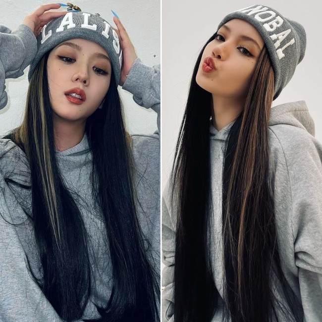 Jisoo BLACKPINK membiarkan rambut hitam panjangnya tergerai. Hanya saja, ia menambah highlight berwarna terang seperti gaya rambut Lisa BLACKPINK. Foto: dok Instagram @sooyaaa__