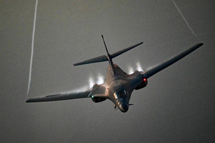 In this photo released by the U.S. Air Force, a B-1B Lancer flies over the Persian Gulf Saturday, Oct. 30, 2021. The U.S. Air Force said Sunday it flew a B-1B strategic bomber over key maritime chokepoints in the Mideast with allies including Israel amid ongoing tensions with Iran as its nuclear deal with world powers remains in tatters. (U.S. Air Force/Senior Airman Jerreht Harris via AP)