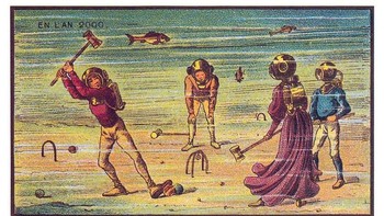 Ilustrasi ini menggambarkan sekelompok orang bermain di bawah laut dengan menggunakan tangki dan helm oksigen. (Foto: Wikimedia)