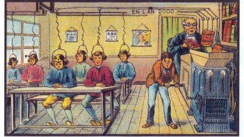 Ilustrasi ini menggambarkan seorang guru yang memasukkan buku ke dalam sebuah mesin dan isinya kemudian langsung diserap oleh murid-muridnya. Otak kita mungkin belum bisa langsung menerima informasi seperti itu, tapi konsep ini serupa dengan kita mendengarkan audiobook atau podcast. (Foto: Wikimedia)