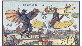 Ilustrasi ini menggambarkan seorang polisi yang mengatur lalu lintas udara. Côté memperkirakan orang-orang di tahun 2000 akan sering menggunakan pesawat untuk transportasi sehari-hari dan juga polisi dapat terbang dengan menggunakan sayap yang mirip jet pack. (Foto: Wikimedia)