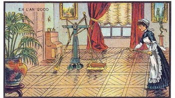 Ilustrasi ini menggambarkan seorang pembantu rumah tangga yang menggunakan sapu yang dikontrol oleh robot. Mungkin teknologi saat ini yang mirip dengan prediksi Côté adalah vacuum cleaner robotika. (Foto: Wikimedia)