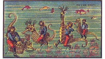 Ilustrasi ini menggambarkan penyelam yang menggunakan kuda laut sebagai kendaraan. Côté sepertinya memperkirakan kuda laut akan berukuran raksasa pada tahun 2000, padahal kuda laut terbesar yang pernah ditemukan hanya berukuran 35 sentimeter. (Foto: Wikimedia)