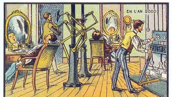 Ilustrasi ini menggambarkan tempat cukur rambut yang sepenuhnya dijalankan oleh robot. Teknologi seperti ini belum ada sekarang, dan mungkin tidak akan ada karena risiko keselamatan yang tinggi. (Foto: Wikimedia)