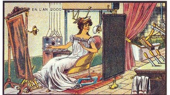 Ilustrasi ini menggambarkan seorang wanita yang dapat merias wajah dan rambutnya dengan menggunakan robot. Ia hanya perlu duduk dan mengontrol robotnya menggunakan tangan dan kakinya. (Foto: Wikimedia)