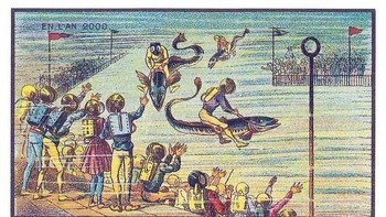 Ilustrasi ini menggambarkan sebuah lomba pacuan ikan yang dikendarai oleh penyelam dan ditonton oleh banyak orang di bawah laut. Banyak ilustrasi Côté yang menggambarkan kehidupan di laut, sepertinya terinspirasi oleh buku 20.000 Leagues Under the Sea karya Jules Verne. (Foto: Wikimedia)