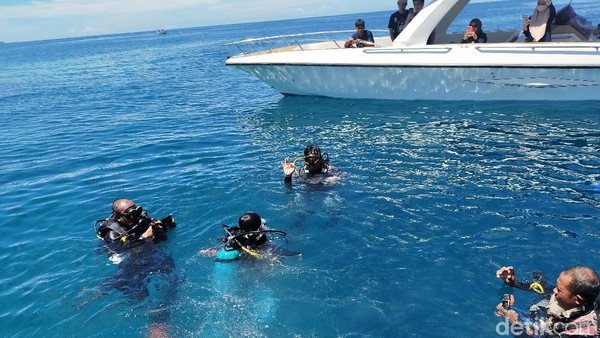 Dengan tenang, dia kemudian masuk ke dalam lautan. Al melambaikan tangan di kedalaman 14 meter dengan catatan waktu 17 menit di dalam lautan Kodingareng Keke, Makassar. (Ibnu Munsir/detikTravel)