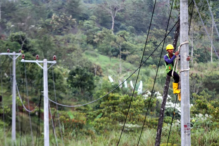 Pedagang sayur berdagang di bawah penerangan lampu listrik program listrik masuk desa daerah tertinggal di Dusun Jabal Antara, Aceh Utara.