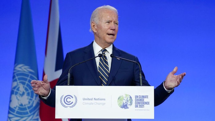 President Joe Biden speaks during the COP26 U.N. Climate Summit, Monday, Nov. 1, 2021, in Glasgow, Scotland. (AP Photo/Evan Vucci, Pool)