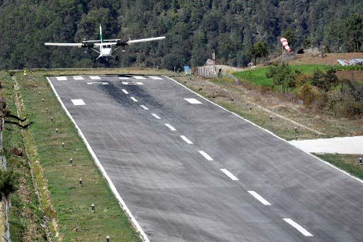 A private aircraft prepares for take off at the Tenzing-Hillary Airport in Lukla, some 140 kms northeast of Kathmandu on March 22, 2020. - Nepal has suspended mountain expeditions and trekking amid the COVID-19 coronavirus outbreak. (Photo by PRAKASH MATHEMA / AFP)