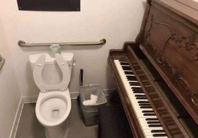 Mungkin yang punya rumah terlalu gemar bermain piano, sampai-sampai di dalam toiletnya pun disediakan piano. Benar-benar bikin nggak habis pikir. Foto: instagram/pleasehatethesethings