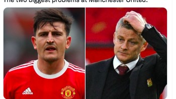Netizen ini menyebut Maguire dan Ole adalah masalah terbesar bagi Manchester United saat ini. Foto: Twitter