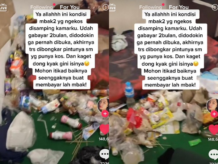 Viral kamar kos yang penuh dengan sampah. Foto: Dok. Tangkap layar akun TikTok @noviinestya. Viral kamar kos yang penuh dengan sampah. Foto: Dok. Tangkap layar akun TikTok @noviinestya.