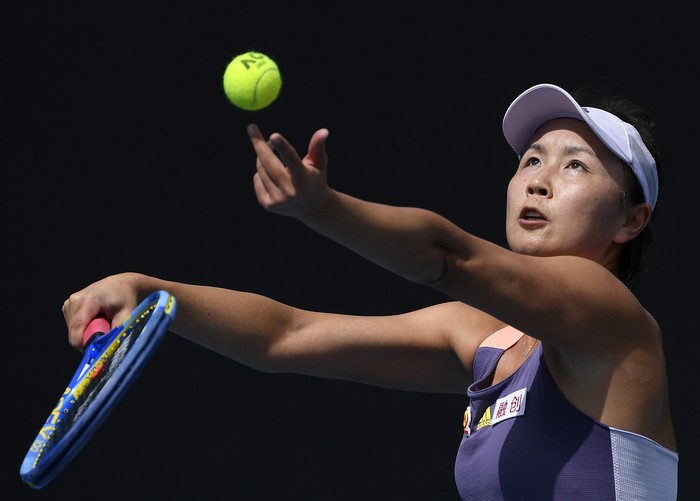 Chinas Peng Shuai reacts during her first round singles match against Japans Nao Hibino at the Australian Open tennis championship in Melbourne, Australia, Tuesday, Jan. 21, 2020. (AP Photo/Andy Brownbill)