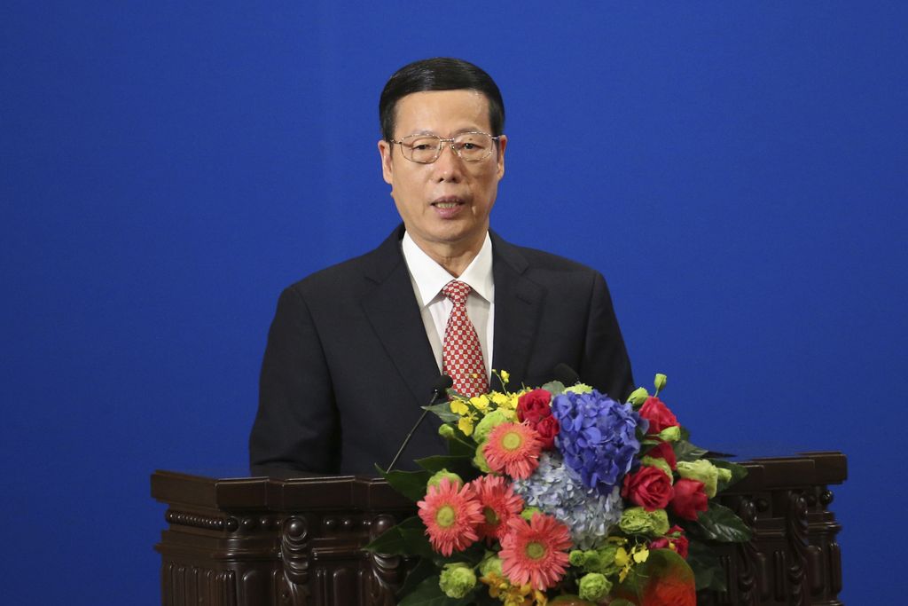 Chinese Vice-Premier Zhang Gaoli delivers a speech during the Philippines-China Trade and Investment Forum at the Great Hall of the People in Beijing Thursday, Oct. 20, 2016. China and the Philippines have agreed to resume a dialogue on their dispute over the South China Sea, a senior Chinese diplomat said Thursday following talks between the countries' leaders. (Wu Hong/Pool Photo via AP)