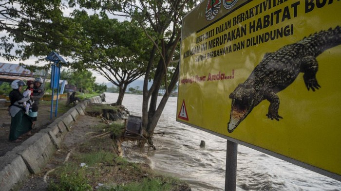 Sejumlah pengunjung berada di dekat papan peringatan bahaya buaya di kawasan pantai wisata Teluk Palu, Sulawesi Tengah, Rabu (3/11/2021). Sejak buaya-buaya liar menjadikan wilayah itu sebagai habitatnya lebih dari tiga tahun lalu, kawasan wisata pantai itu sepi dari pengunjung. ANTARA FOTO/Basri Marzuki/foc.