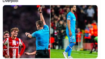 Malang bagi Atletico, selain tak mampu menandingi Liverpool, salah satu pemain mereka kembali terkena kartu merah. Foto: Twitter