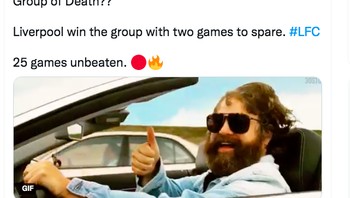 Apa itu grup neraka? Liverpool sudah lolos dengan menyisakan dua laga dan mereka sudah 25 laga berturut-turut tak menelan kekalahan. Foto: Twitter