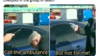 Meme Liverpool memanggil ambulans bukan untuk mereka, tapi tim lain yang mereka kalahkan sampai terkapar di grup neraka. Foto: Twitter