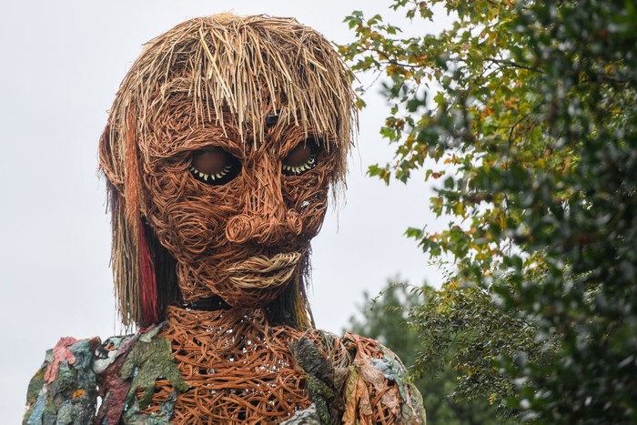 EDINBURGH, SCOTLAND - OCTOBER 30: Storm, a ten metre tall puppet made from recycled materials, is seen at the Royal Botanic Gardens on October 30, 2021 in Edinburgh, Scotland. At ten metres tall Storm is Scotland's largest puppet. She is made entirely from recycled materials and is operated by a crew of ten puppeteers. Storm was created by Vision Mechanics and has been touring the country encouraging people to celebrate the seas, care for the coastlines and empower us all to put the environment first. Today's appearance coincides with the build-up of the COP26 Climate summit that begins tomorrow (Sunday) in Glasgow. (Photo by Peter Summers/Getty Images)