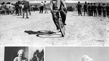 Foto Alberit Einsten bersepeda saat uji coba bom atom bikin heboh. Yang terjadi sebenarnya, uji coba bom atom ini dilakukan setelah 7 tahun Einsten meninggal dunia. (Foto: Boredpanda)