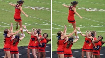 Upss! foto aksi cheerleader bikin netizen heboh karena salah satu dari mereka kabarnya buang aing besar tepat di atas mereka. Fotonya terlihat seperti sungguhan, tapi faktanya, lagi-lagi foto tersebut hanya editan. (Foto: Boredpanda)