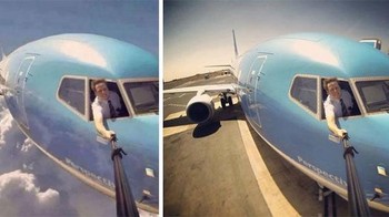 Apakah masuk akal jika seorang pilot selfie mengeluarkan anggota badannya di ketinggian ribuan kaki? Meski terdengar konyol, cukup banyak orang yang mempercayai foto lucu-lucuan ini. Faktanya, foto ini hanya hasil editan. (Foto: Boredpanda)