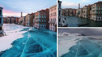 Foto Venesia, salah satu kota terindah di dunia yang terlihat seluruhnya membeku, sempat membuat hebih dunia. Lagi-lagi, faktanya foto ini hanya editan Photoshop. (Foto: Boredpanda)