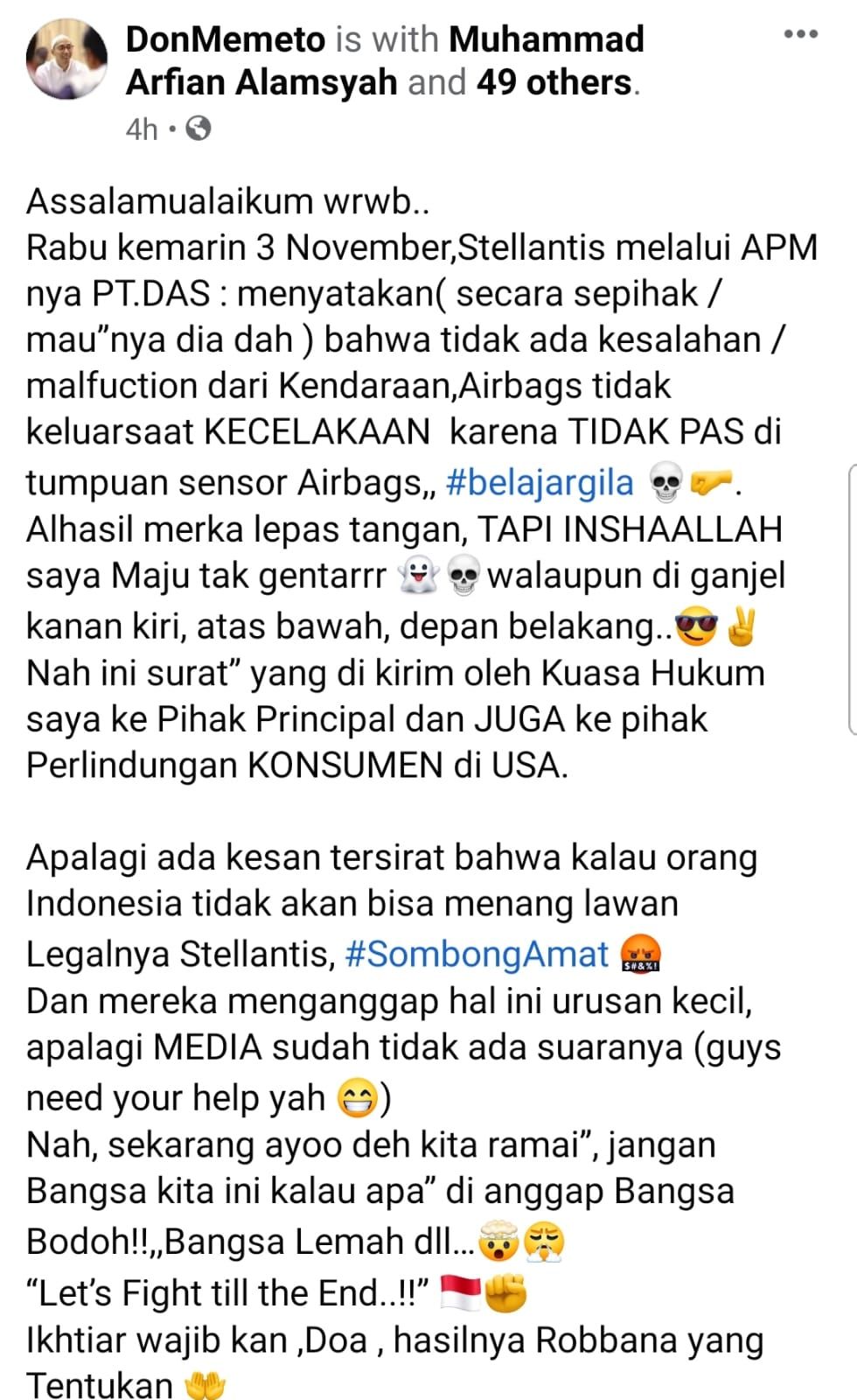 Postingan bos Garansindo, Muhammad Al Abdullah, terkait kasus airbag Jeep miliknya yang tidak keluar