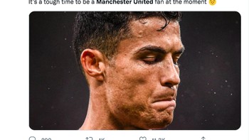 Ekspresi Ronaldo ini seakan menggambarkan susahnya jadi fans MU saat ini. Dikandaskan Liverpool dan sekarang jadi bulan-bulanan City. Foto: Twitter