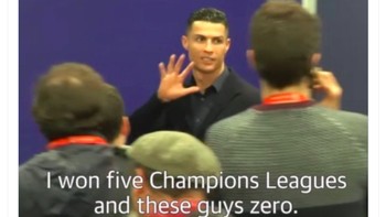 Ronaldo digambarkan membela diri setelah tak mampu mengancam gawang City. Ia mengingatkan prestasinya dahulu yang sudah memenangkan 5 Liga Champion sementara City belum merasakannya sama sekali. Foto: Twitter