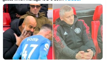 Guardiola tetap aktif memberi arahan bagi para pemain City sementara Ole terlihat santai walau MU tertinggal. Foto: Twitter