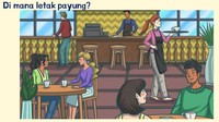 Dari gambar ini, temukan posisi payung ada di sebelah mana?