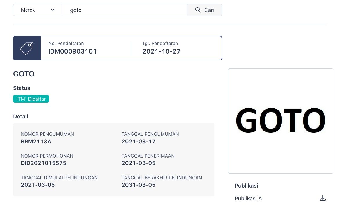 Merek dan logo GOTO yang didaftarkan PT Aplikasi Karya Anak Bangsa