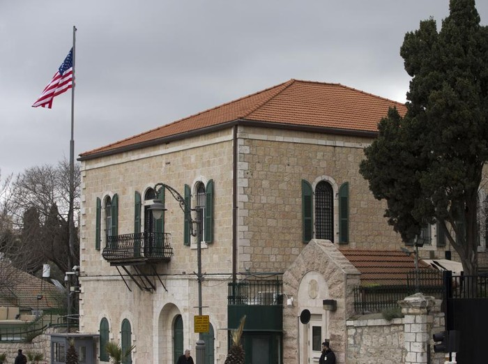 FILE - A flag of the United States flies outside the then US consulate building in Jerusalem, March 4, 2019. The Palestinians have slammed Israel for rejecting the promised reopening of the U.S. consulate in Jerusalem. The Palestinian Foreign Ministry said Sunday, Nov. 7, 2021, that Israel, as an occupying power, could not veto the U.S. decision. Israel says there is no room for another U.S. mission in Jerusalem. The Trump administration shuttered the U.S. Jerusalem consulate, an office that for years served as the de facto embassy to the Palestinians. (AP Photo/Ariel Schalit, File)