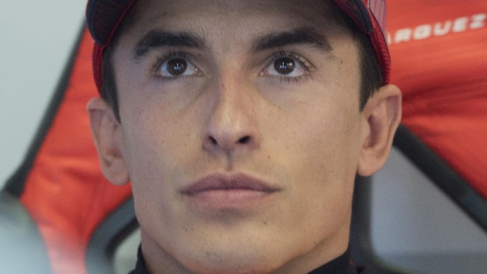 MISANO ADRIATICO, ITALY - OCTOBER 23: Marc Marquez of Spain and Repsol Honda Team looks on in box during the MotoGP of Emilia Romagna - Qualifying at Misano World Circuit on October 23, 2021 in Misano Adriatico, Italy. (Photo by Mirco Lazzari gp/Getty Images)