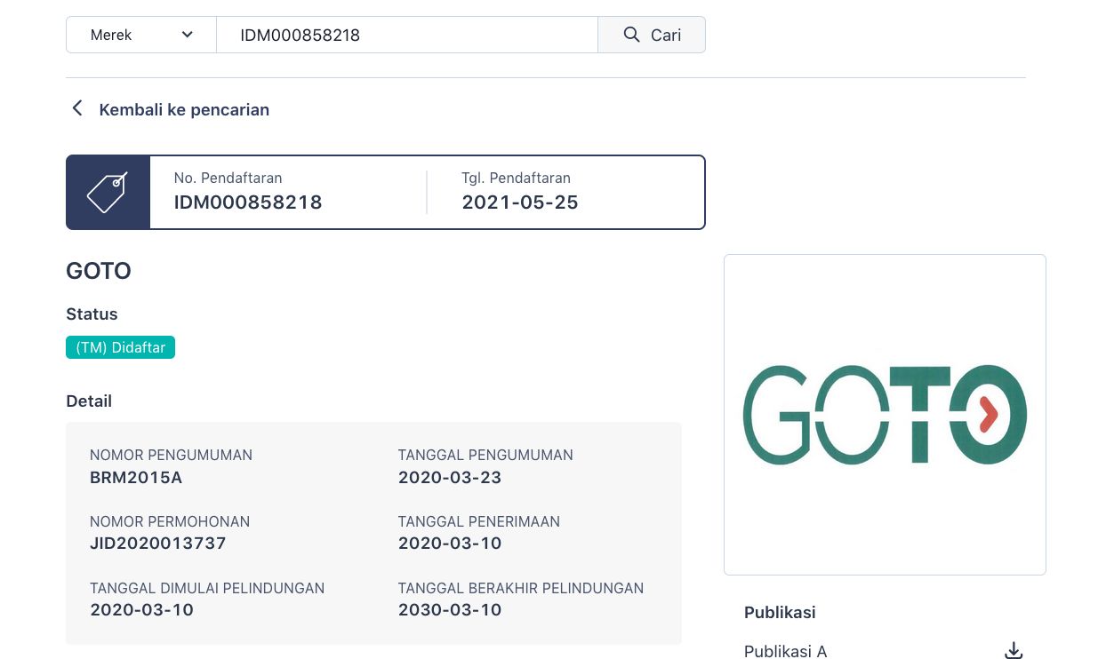 Merek dan logo GOTO yang didaftarkan PT Terbit Financial Technology
