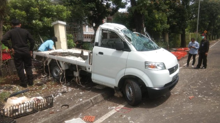 Mobil pikap muatan ayam kecelakaan di Serpong, Tangsel, Senin (8/11/2021) siang.